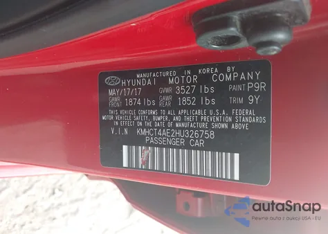 2017 Hyundai Accent Value Edition z USA, uszkodzony, nr VIN KMHCT4AE2HU326758